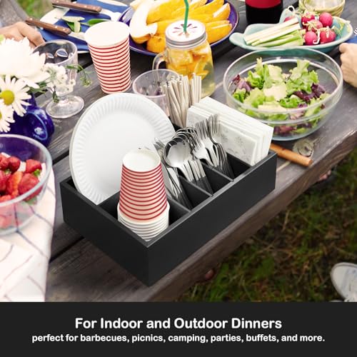 Large Utensil Holder for Party - Wooden Paper Plate and Utensil Caddy for Countertop - Silverware Caddy for Cup Fork Spoon Napkin - Cutlery Organizer for Kitchen Camping Buffet Picnic