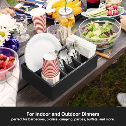 Large Utensil Holder for Party - Wooden Paper Plate and Utensil Caddy for Countertop - Silverware Caddy for Cup Fork Spoon Napkin - Cutlery Organizer for Kitchen Camping Buffet Picnic