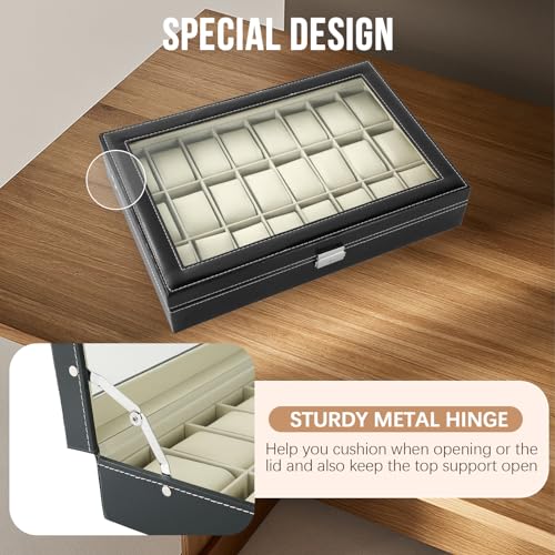 24 Slots Watch Box, Watch Display Organizer for Men Women | Loackable with Keys, Visible Glass Top, PU Leather Display Storage Collection, Watch Case with Removable Pillows, Modern