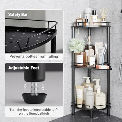Corner Shower Caddy Standing, 3 Tier Metal Shower Organizer, Black | Stainless Steel Shower Shelves with Soap Holder, Adjustable Feet & 2 Hooks for Storing Bath Essentials in Bathroom corner