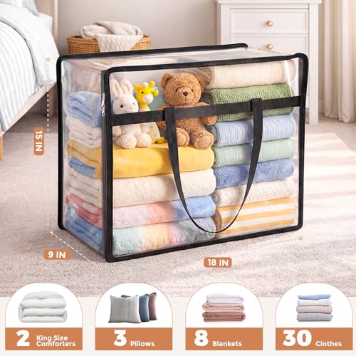 6 Pack Clear Storage Bags for Clothes, 45L Closet Organizers and Storage | Plastic storage with zipper and handle, moving bags, under-bed storage, closet organizer for blankets, comforters, toys