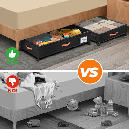 Under Bed Storage with Wheels,2-Pack Under Bed Storage Containers with Clear Lids,XXL Large Under the Bed Storage Organizer Bins With Handles,Space Saving Design for Clothes,Shoes,Books-Black