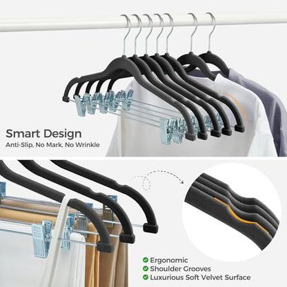 HOUSE DAY Velvet Pant Hangers with Adjudtable Clips 30 Pack, Black | Non Slip Suit Organizer with 360° Hook, Heavy Duty Hanger for Pants, Skirts, Shorts, Outfit Hangers All-Season Space Saver
