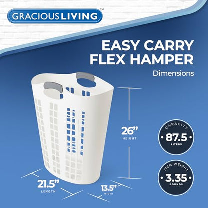 Gracious Living Laundry Basket, Easy Carry Flex Collapsible Hamper, 87.5L | Large Plastic Clothes Storage Organizer for Home, Bathroom, and Bedroom, White