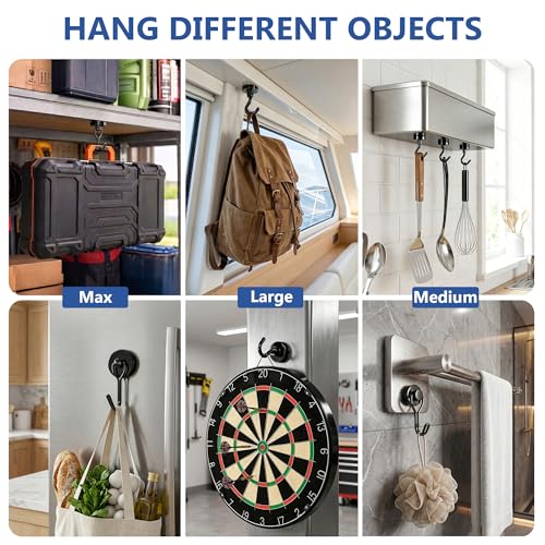 Magnetic Hooks, Mixed Sizes 10-Pack Black Heavy Duty Strong Magnet Hook Set for Refrigerator, Cruise Ship Cabin, Outdoor BBQ Grill, Kitchen & Garage (Medium 4 + Large 2 + Max 4)