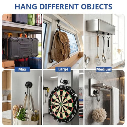Magnetic Hooks, Mixed Sizes 10-Pack Black Heavy Duty Strong Magnet Hook Set for Refrigerator, Cruise Ship Cabin, Outdoor BBQ Grill, Kitchen & Garage (Medium 4 + Large 2 + Max 4)