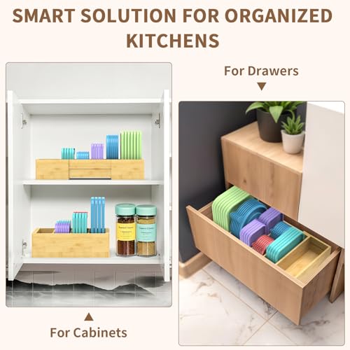 Retro Shaw Lid Organizer for Plastic Lids, Expandable | with 3 Adjustable Dividers, Bamboo, For Cabinet and Drawer, Kitchen Organizer and Storage