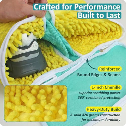 Shoe Washing Machine Bag for Sneaker Cleaning Laundry Shoe Bag, Yellow | Dual Compartment, Full Protection, Clasp-Lock Zipper, Dense Chenille, Bound Edge & Seams