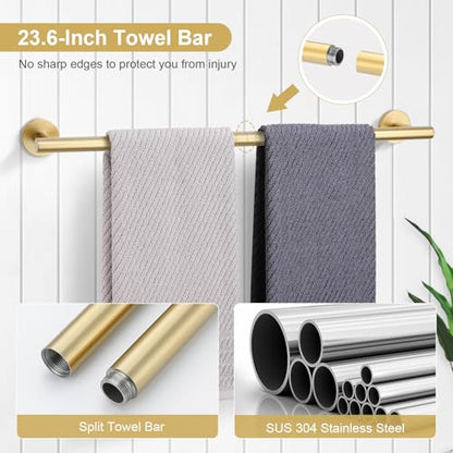 5 Piece Bathroom Accessories Set Brushed Gold Bathroom Hardware Set 23.6 Inch Bath Towel Bar Set SUS304 Stainless Steel Towel Rack Set