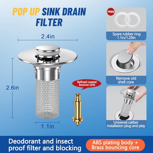 Vakabiu 2024 New Pop Up Bathroom Sink Drain Strainer Hair Catcher, Sink Drain Stopper with Removable Stainless Steel Filter Basket,for US Bathroom Sink Stopper Replacement (2PCS)