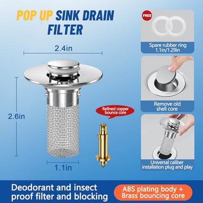 Vakabiu 2024 New Pop Up Bathroom Sink Drain Strainer Hair Catcher, Sink Drain Stopper with Removable Stainless Steel Filter Basket,for US Bathroom Sink Stopper Replacement (2PCS)