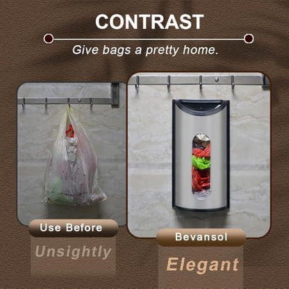 Grocery Plastic Bag Holder for Kitchen Trash Bag, Easy Wall Mount Bag Saver, Bevansol Storage Dispenser Medium, Smudge Proof with Extra Wide Access Openings, Stainless Steel (Sliver)