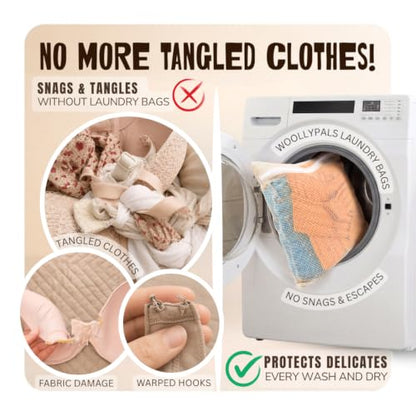 WoollyPals Large Cotton Mesh Laundry Bags (16" x 20") – 2-Pack with Drawstring Storage Pouch – Washer & Dryer Safe, Durable Zipper, Breathable Mesh for Clothes, Delicates, Underwear, Shoes & Lingerie