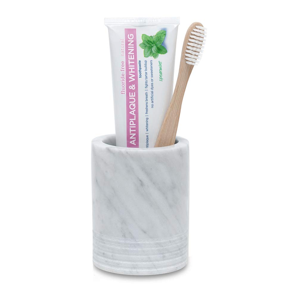 Marble Toothbrush Holder Makeup Brush Stand Bathroom Countertop Organizer | 100% Genuine Natural Marble, Durable and Sturdy, SPA Luxury Tumbler, Easy to clean, Multi-use Storage Cup, Non-slip Pads