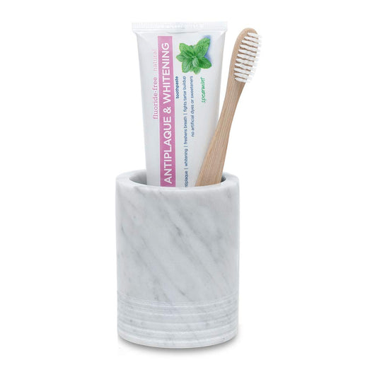 Marble Toothbrush Holder Makeup Brush Stand Bathroom Countertop Organizer | 100% Genuine Natural Marble, Durable and Sturdy, SPA Luxury Tumbler, Easy to clean, Multi-use Storage Cup, Non-slip Pads