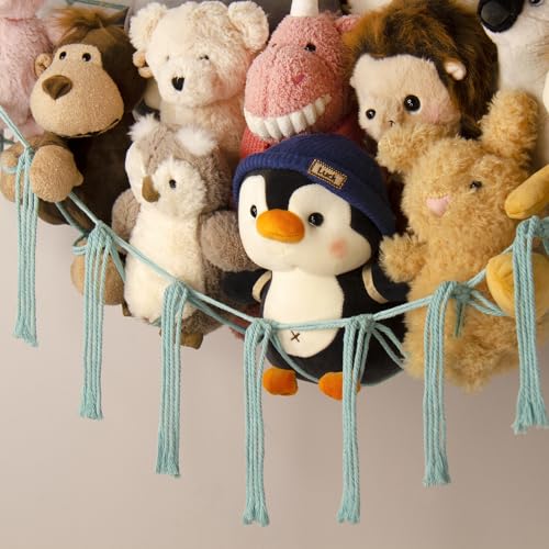 Stuffed Animal Hammock-Large Stuffed Animal Net For Toys Corner-Hanging Stuff Animal Toy Storage Organizer For Plush Plushie Display Light Blue Girl Room Bedroom Boho Nursery Decor Toy Storage