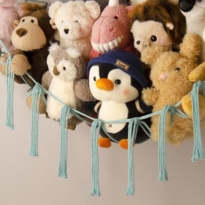Stuffed Animal Hammock-Large Stuffed Animal Net For Toys Corner-Hanging Stuff Animal Toy Storage Organizer For Plush Plushie Display Light Blue Girl Room Bedroom Boho Nursery Decor Toy Storage