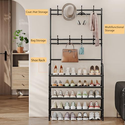 Coat Rack Shoe Rack With Storage Hooks Standing Organizer 4 Tier | Metal Freestanding Hall Tree for Clothes Hats bag Scarves Space Saving Design for Entryway Bedroom living Closet Office,Black