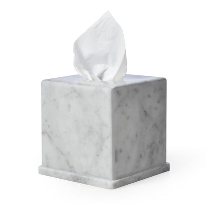 Natural Marble Tissue Box Cover, Carrara White Tissue Organizer 6 x 6 x 5.7 inch, Heavy Stone Decorative Box, Square Tissue Box Holder for Home Decor, Kitchen, Bathroom, Bedroom