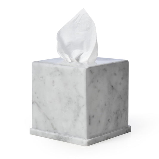 Natural Marble Tissue Box Cover, Carrara White Tissue Organizer 6 x 6 x 5.7 inch, Heavy Stone Decorative Box, Square Tissue Box Holder for Home Decor, Kitchen, Bathroom, Bedroom
