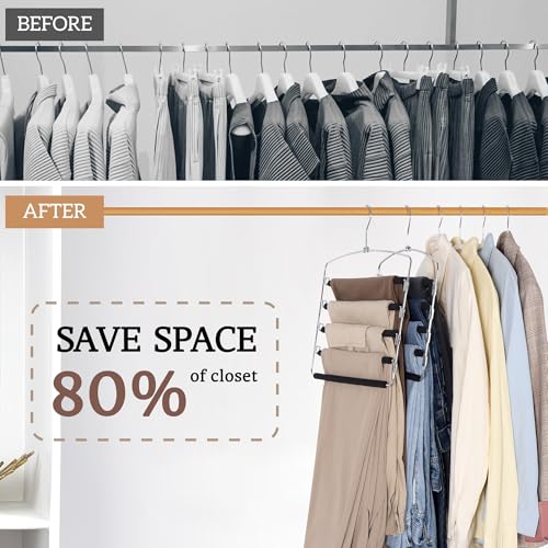 SINDAX Pants Hangers Space Saving - 4Pack, 5 Layers Space Saving Hangers, Sturdy Stainless Steel Pant Rack with Anti-Slip Swing Arm, Closet Organizers and Storage for Trousers Jeans