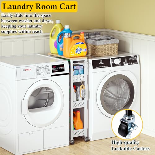 Slim Laundry Room Organization Cart with Upgraded Metal Hub Casters | Fits between washer & dryer, 4-Tier space-saving narrow rolling cart, Premium wood top & metal mesh shelf, with handle & hook