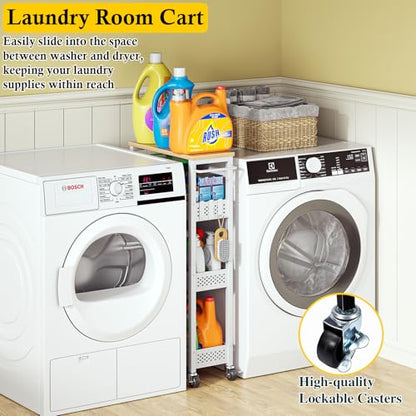 Slim Laundry Room Organization Cart with Upgraded Metal Hub Casters | Fits between washer & dryer, 4-Tier space-saving narrow rolling cart, Premium wood top & metal mesh shelf, with handle & hook