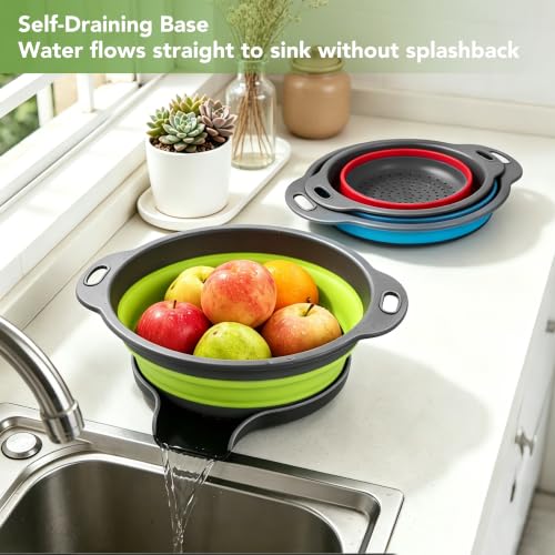 3-Pack Collapsible Colander for Kitchen with Self-Draining Base Foldable Strainers Set Round Silicone Food Drainer for Pasta Fruits and Vegetables (3QT, 4QT and 5QT)
