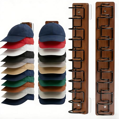 2 Pack Hat Organizer for Baseball Caps, Wood & Metal Hat Rack for Wall, Hat Storage for 22 Caps with Strong Adhesive/Wall Drilled for Door, Wall and Closet (Brown)