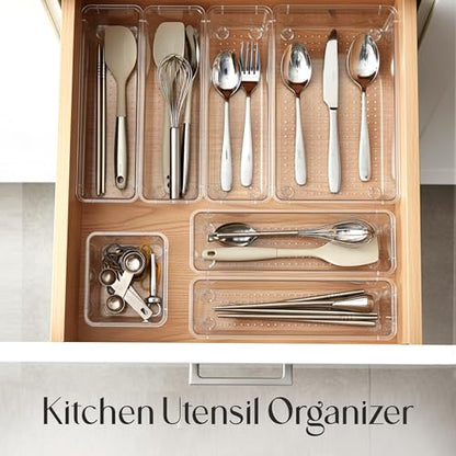 KICHLY 25-Piece Clear Drawer Organizer Set – Multi-Size Storage Trays | Bathroom, vanity, makeup, kitchen & office use | Caddy style | Desk organizer set
