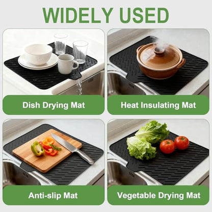 Silicone Drying Mat, 23"X17" With Built-in Drain Lip,Heat-Resistant,Eco-friendly,Hygienic Drying Pad,Leak-Proof and Non-Slip,Silicone Dish Drying Mat for Kitchen Counter or Sink（Black 23X17）