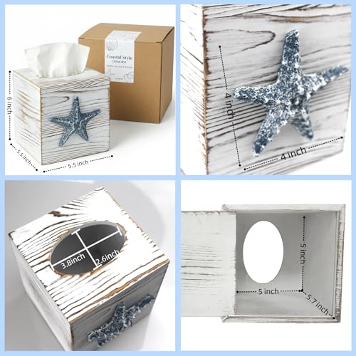 Coastal Tissue Box Cover Wooden Retro with Sliding Bottom Panel Beach Decor for Bathroom Bedroom Living Room,Starfish Decor Suitable for Coastal Gifts Beach House Gifts