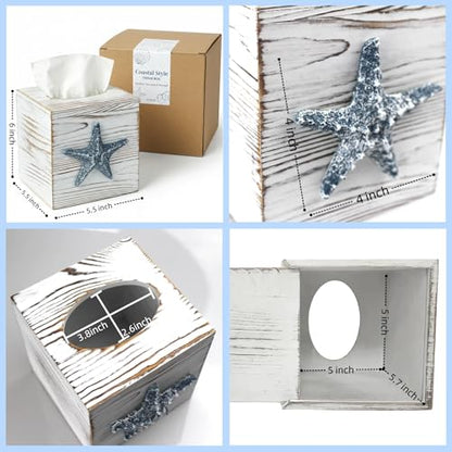 Coastal Tissue Box Cover Wooden Retro with Sliding Bottom Panel Beach Decor for Bathroom Bedroom Living Room,Starfish Decor Suitable for Coastal Gifts Beach House Gifts