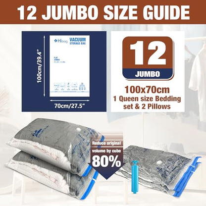 12 Jumbo Vacuum Storage Bags for Bedding, Vacuum Seal Bags for Clothing | Extra Large XL, Airtight Triple Seal, Save 80% Space, Hand Pump, Work with Vacuum, Double Zip, Reusable, Easy to Use
