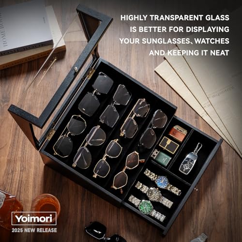 Sunglass Organizer for 14 Pairs, Large Wooden Sunglasses Display Case with Clear Lid & Drawer, Dustproof Glasses Storage Organizer for Men Women Countertop (Black)