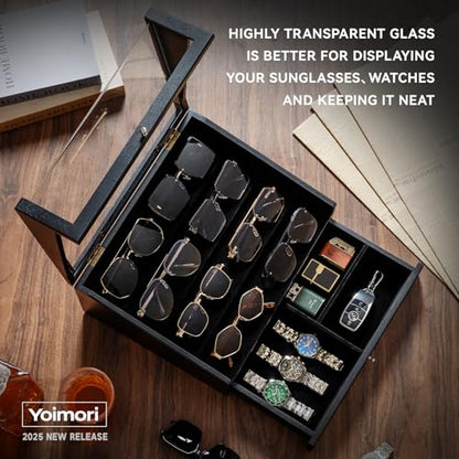 Sunglass Organizer for 14 Pairs, Large Wooden Sunglasses Display Case with Clear Lid & Drawer, Dustproof Glasses Storage Organizer for Men Women Countertop (Black)