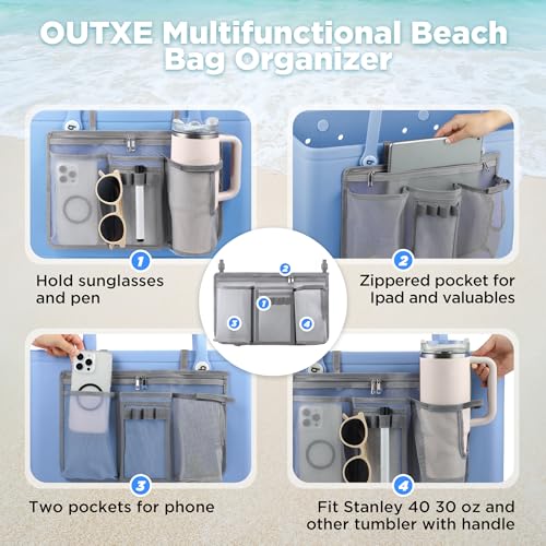 OUTXE Organizer Holder for Bogg Simple Modern Bag Accessories | Cup Phone Holder compatible with Stanley, Storage Mesh Divider Organizing Insert Pouch for XL Bog Beach Rubber Tote Bag, Gray