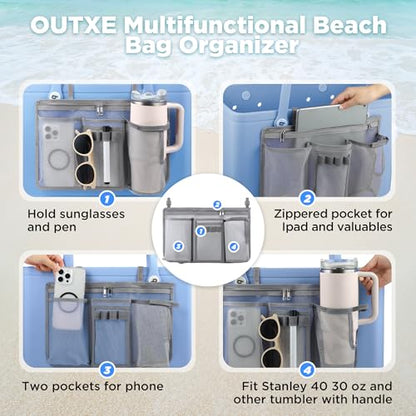 OUTXE Organizer Holder for Bogg Simple Modern Bag Accessories | Cup Phone Holder compatible with Stanley, Storage Mesh Divider Organizing Insert Pouch for XL Bog Beach Rubber Tote Bag, Gray