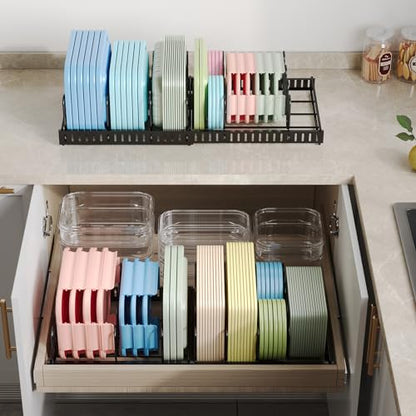 Expandable Food Container Lid Organizer,Large Capacity Adjustable 8 Dividers Detachable Lid Organizer Rack for Cabinets, Cupboards, Pantry Shelves, Drawers Keep Kitchen Tidy,Black 10.2”wide,3.6 Pound.
