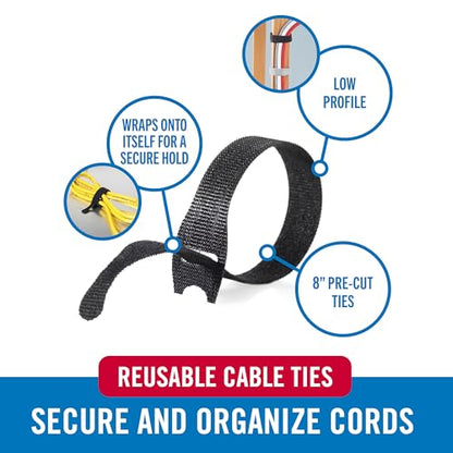 VELCRO Brand ONE-WRAP Cable Ties, 100Pk, 8 x 1/2" Black Cord Organization Straps, Thin Pre-Cut Design, Wire Management for Organizing Home, Office and Data Centers