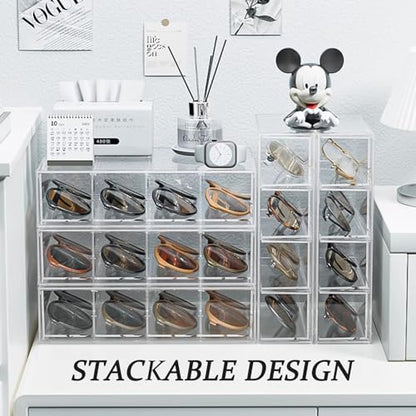 Kenpal Sunglasses Organizer for Multiple Pairs, Acrylic Stackable Glasses Holder with 4 Drawers, Transparent Eyeglass Case