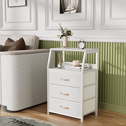 White Night Stand with 3 Fabric Drawers, Small Bedside Table | 2-Tier Shelf, Nightstand with Drawer for Bedroom, Storage Cabinet for Dorm, Closet, Living Room, Sturdy Steel Frame, Wood Top
