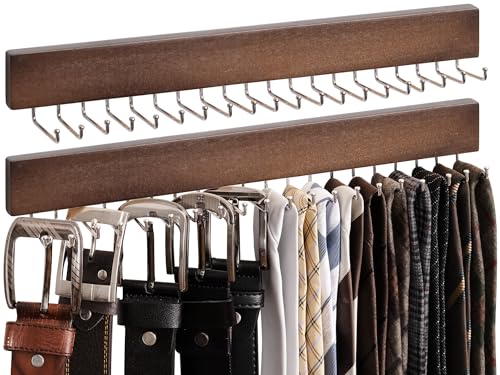 StorageWorks Tie Rack with 20 Hooks, 2 Set Wall Mounted Wood Hanger, Walunt