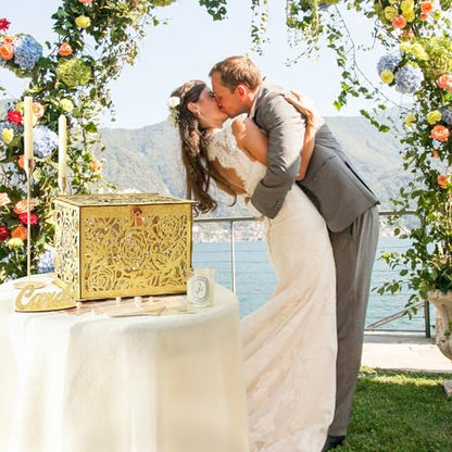 Glittery Gold Wedding Card Box with Lock, Wooden Gift Card Box for Wedding Reception, Elegant Wedding Money Envelope Card Box Holder for Party Graduation Birthday Baby Shower Decorations