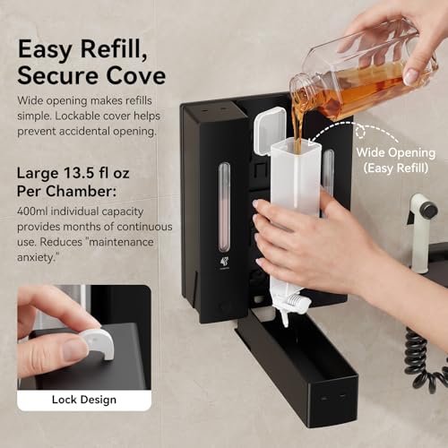 Shampoo and Conditioner Dispenser - Wall-Mounted 3-Chamber Shower Soap Dispenser, No-Drill, 1200ML Capacity, for Bathroom & Hotel