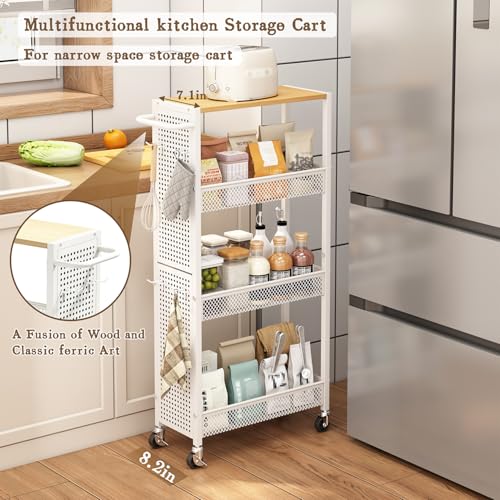 Utility Slim Storage Cart 4 Tier Rolling Laundry Room Organization Cart： | Wood Top Metal Narrow Laundry Room Shelves Cabinet Unit Laundry Organizer Trolley with Handle for Small space