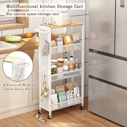 Utility Slim Storage Cart 4 Tier Rolling Laundry Room Organization Cart： | Wood Top Metal Narrow Laundry Room Shelves Cabinet Unit Laundry Organizer Trolley with Handle for Small space