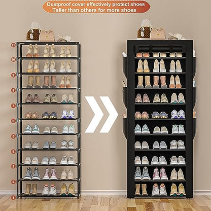 Large Shoe Rack, Black, 6 Side Pockets, 23.6" Wide x 11.4" Deep x 68.9" Tall, 36-41 Pairs of Shoes | Space Saving Fabric Cover Shoe Organizer Shelf for Closet, Bedroom, Garage, Entryway, Narrow Free Standing Cabinet Holder