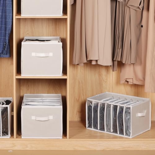 Zilink Jean Organizers for Closet Wardrobe Clothes Organizer, Beige, 3 Pack | 7 Grids Divider, Support Board, Upgraded Extra Large Sweater Organizer for Closet for Jean, Pant, Sweaters, T-Shirt