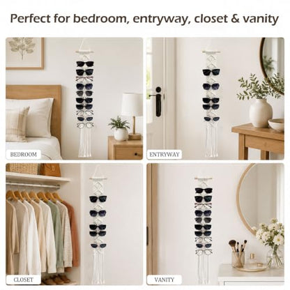 Besoamo Macrame Sunglasses Holder for Wall, Boho Eyeglasses Organizer Holds Up to 10 Pairs, Handmade Cotton Rope Glasses Rack, Hanging Eyewear Display Storage for Home, Bedroom, Entryway, Closet